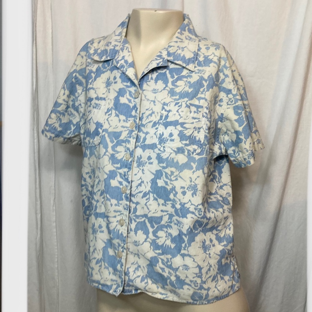 Liz Claiborne vintage 90s button down shirt cropped tropical petite medium